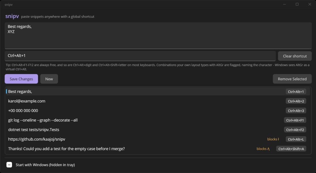 The snipv window: a multi-line snippet with its shortcut, above the list of saved snippets
